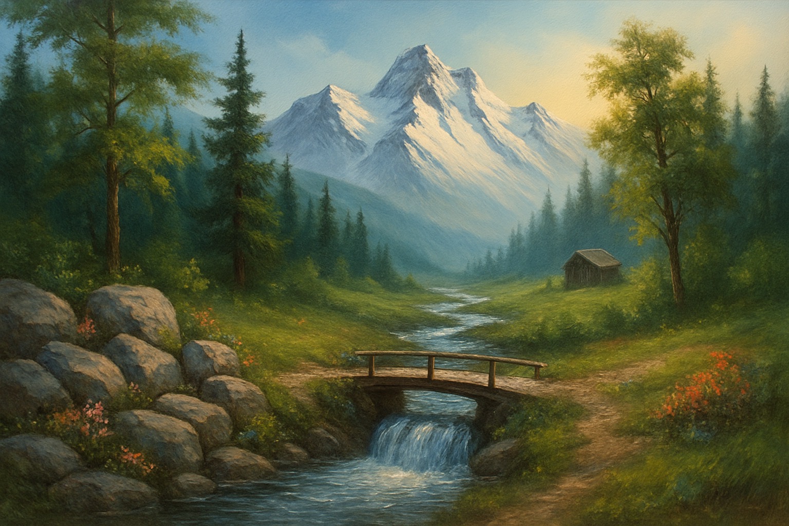 De schilder Bob Ross stond erom bekend dat hij in een half uur een compleet schilderij kon schilderen. Een AI had minder dan een minuut nodig om dit schilderij in de stijl van Bob Ross te maken