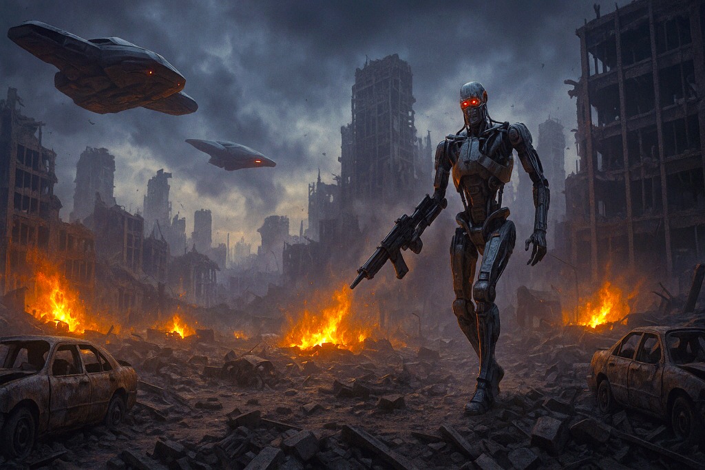 Een door ChatGPT gecreëerde afbeelding van een cyborg die gewapend door een verwoeste en brandende stad loopt