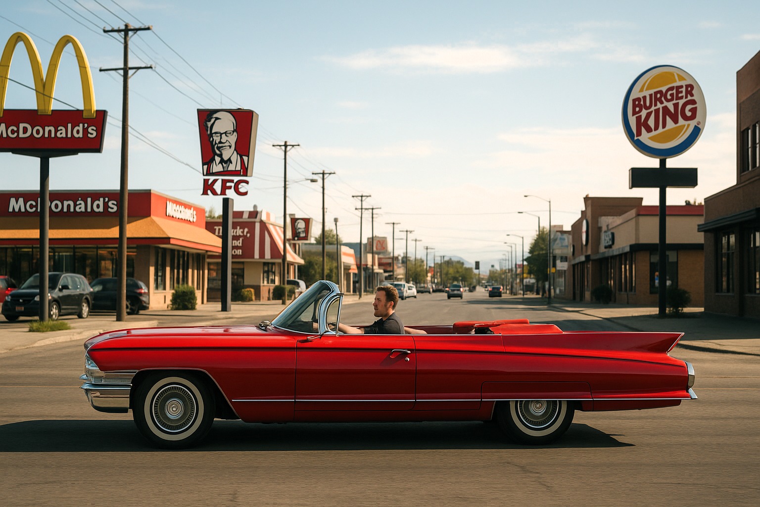 Cabriolet met op de achtergrond diverse fastfoodrestaurants