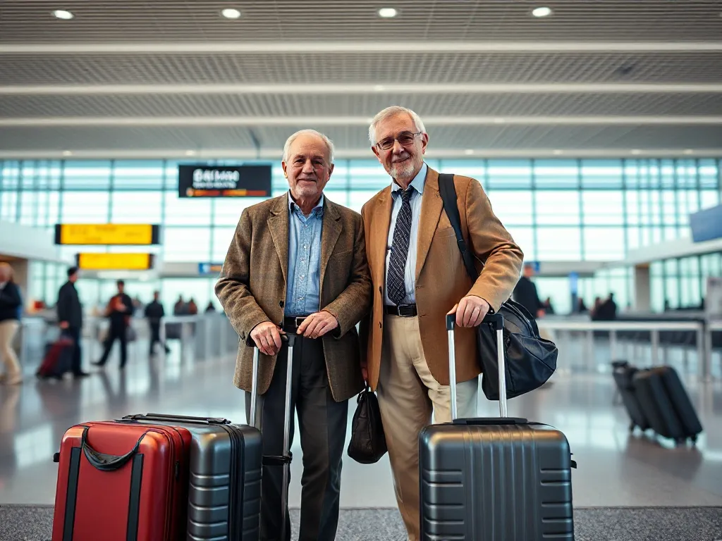 Twee heren staan met koffers op een luchthaven