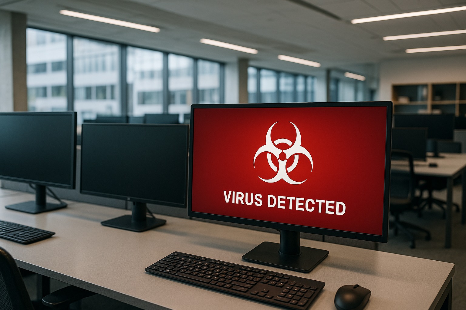 Foto van monitor met de tekst Virus Detected