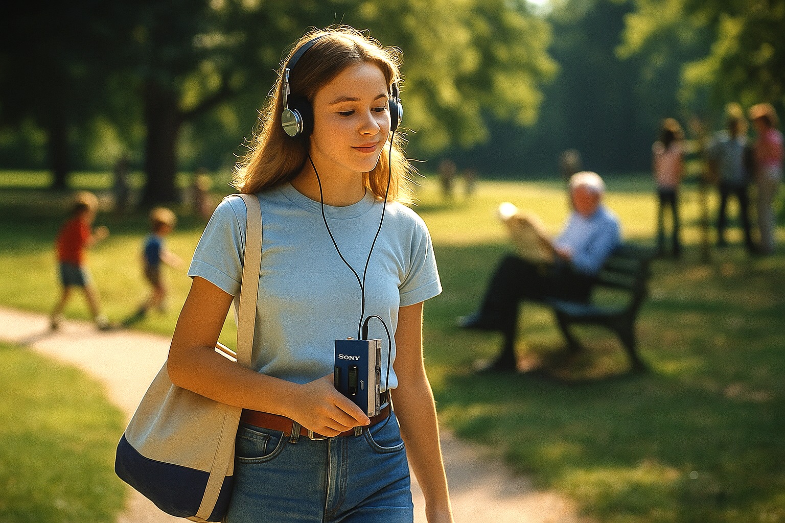 Een tienermeisje loop met een Walkman door een park