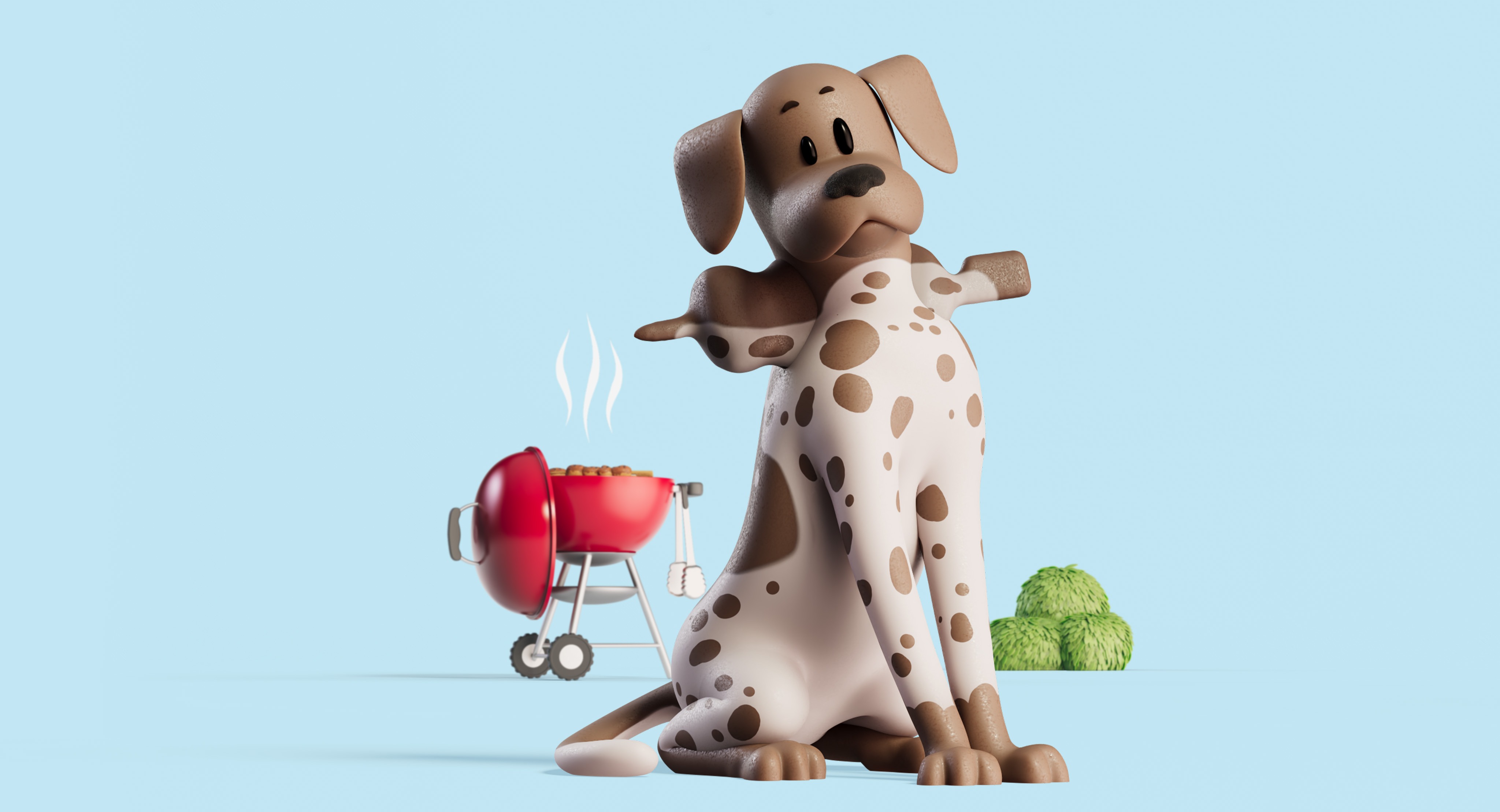 Illustratie. Hond heeft te groot bot ingeslikt waardoor dit dwars in zijn keel zit. Op de achtergrond een rode barbecue set en lichtblauwe achtergrond