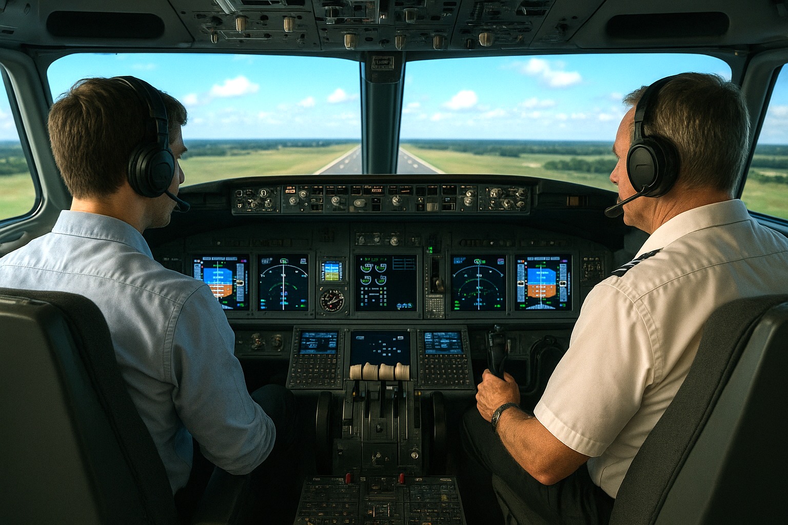 Piloten in een cockpit van een vliegtuig dat op een landings-of startbaan staat