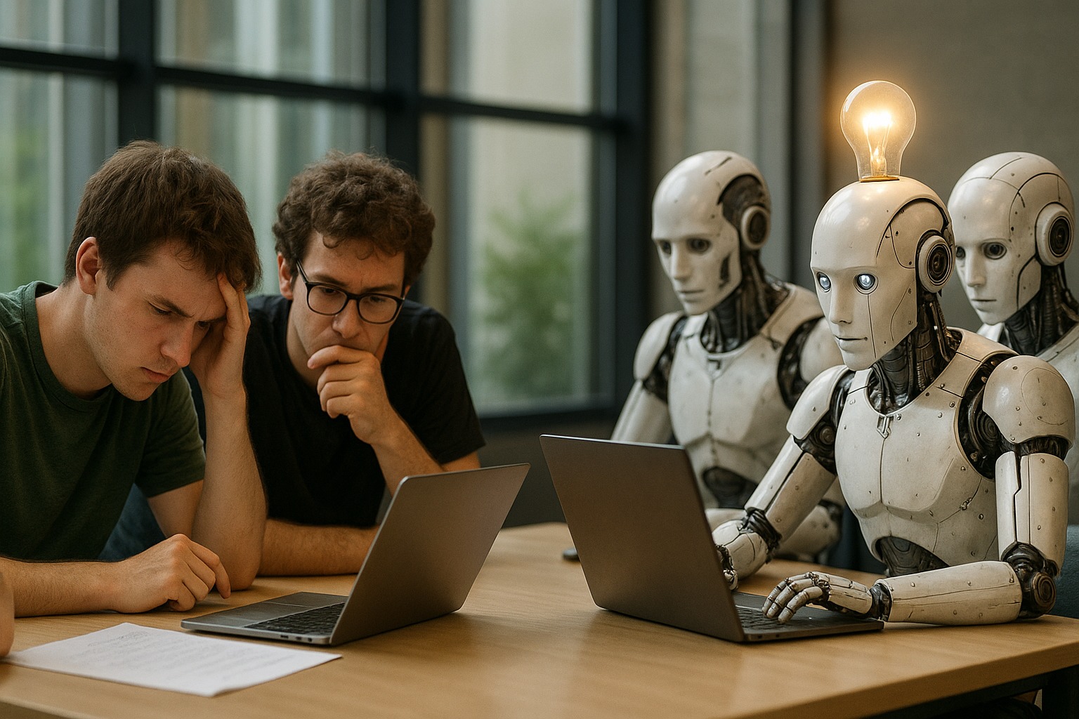 Mensen en robots werken aan een probleem samen zittend aan een tafel