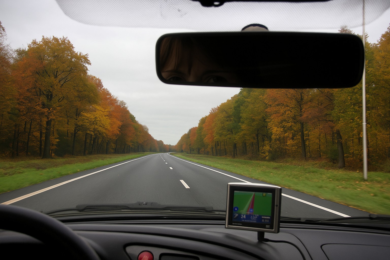 TomTom in een auto die over een verlaten weg rijdt door een bosachtige omgeving