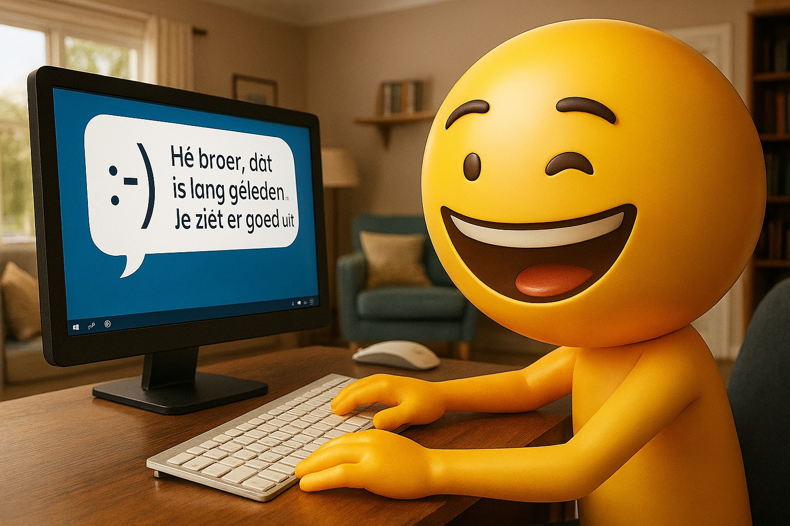 Cartoon van een emoticon die tegen een emoji zegt: Hé broer, da