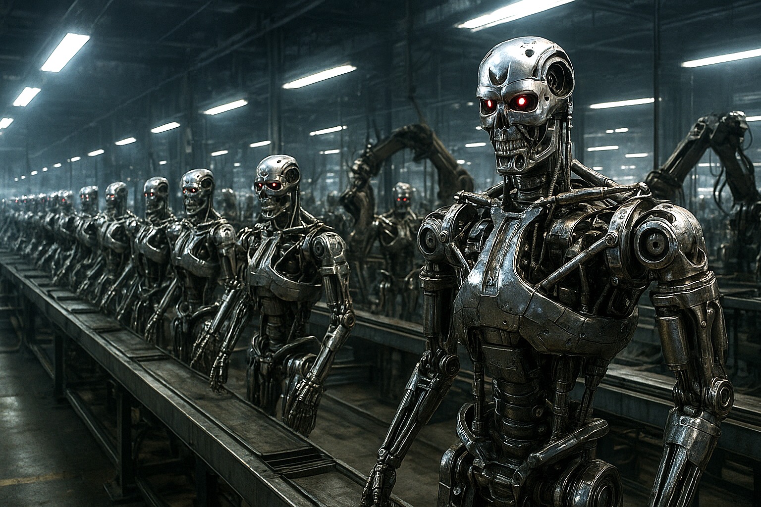 Verzonnen beeld van fabriek waar menselijke robots gemaakt worden