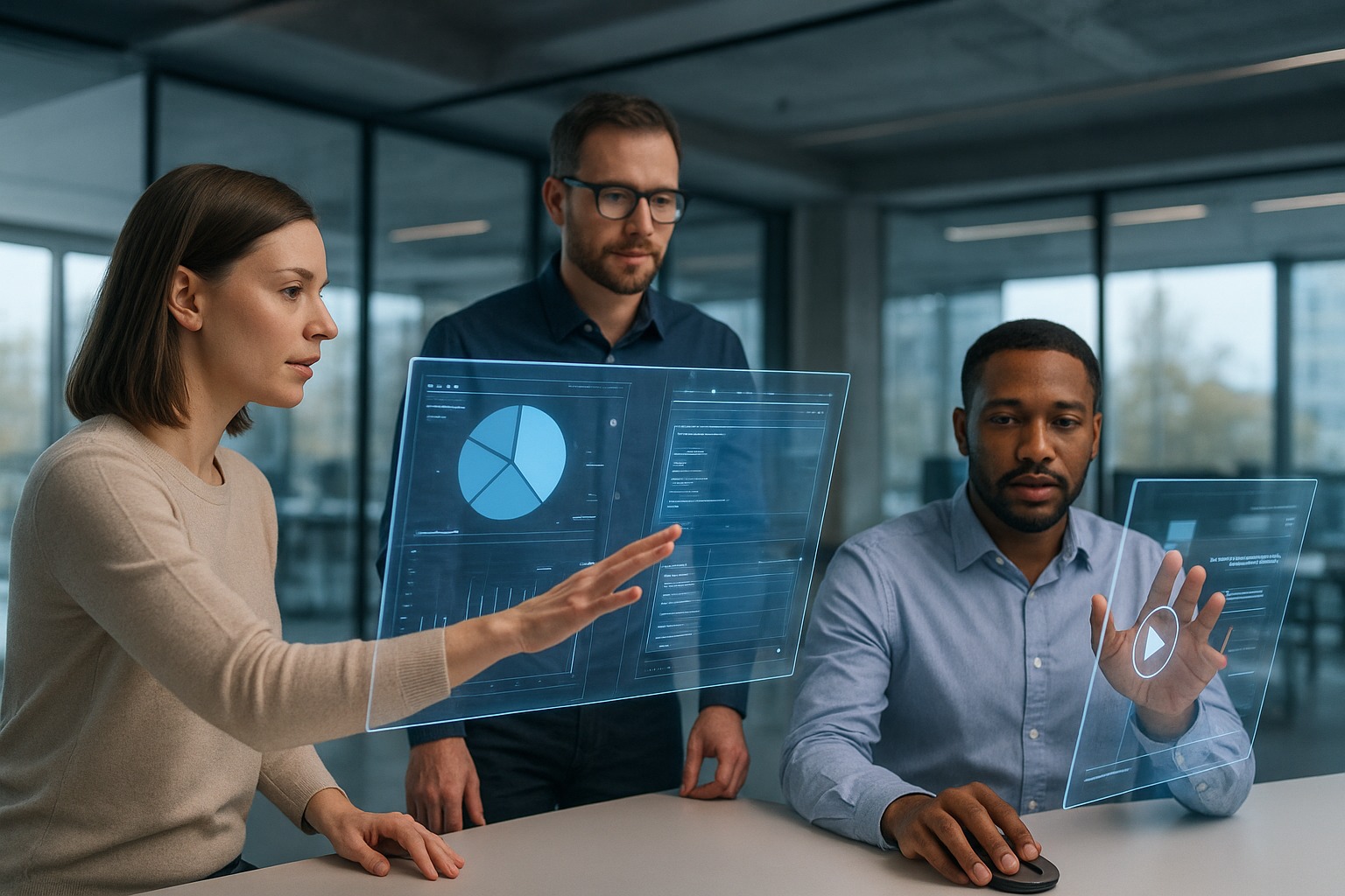 Mensen werken met transparant touchscreen (afbeelding gegenereerd door AI)