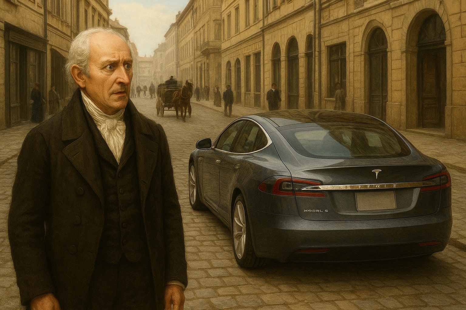 Alessandro Volta kijkt verbaast naar een Tesla-auto (AI-creatie)