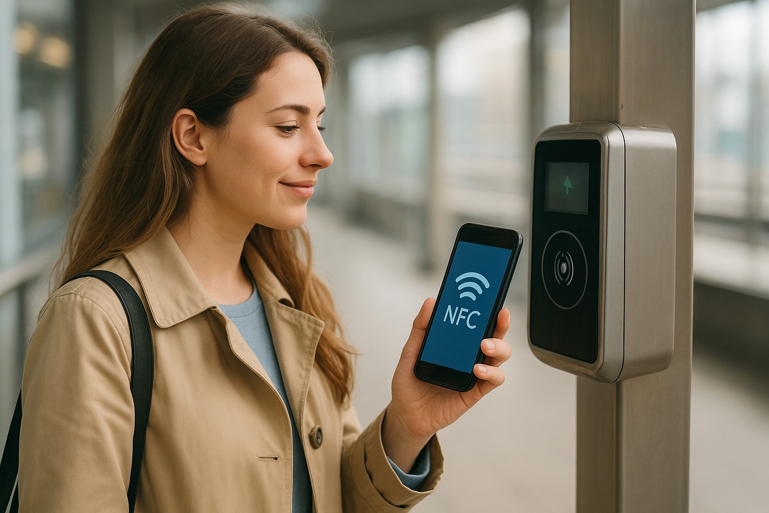 Vrouw bedient smartphone met NFC