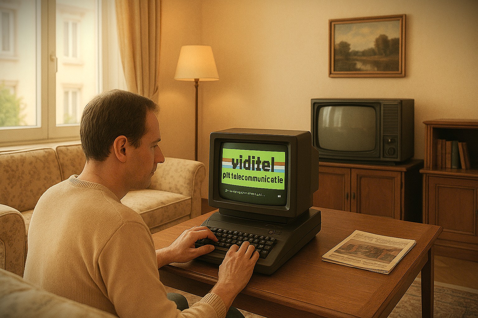 Een man bedient een Viditel-terminal