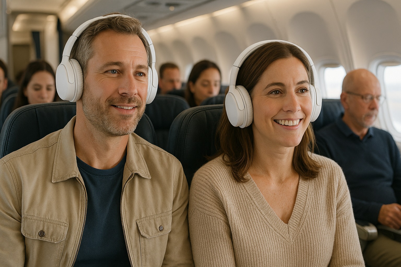 Twee mensen dragen een hoofdtelefoon in een vliegtuig