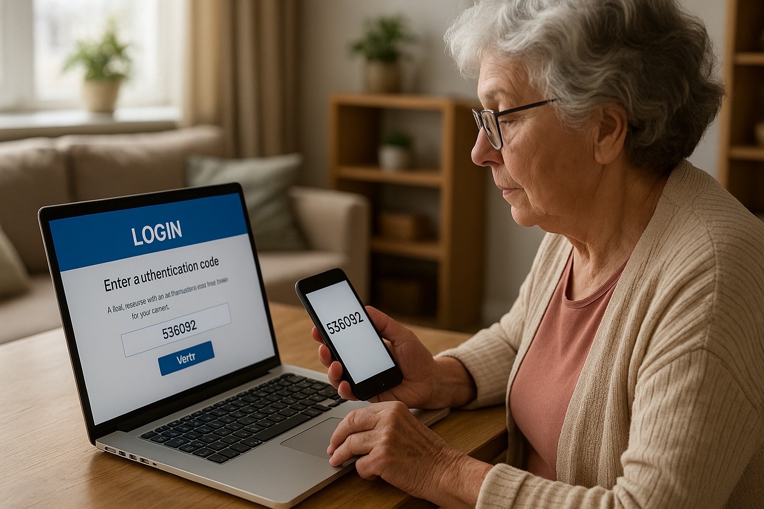 Oudere dame gebruikt 2FA