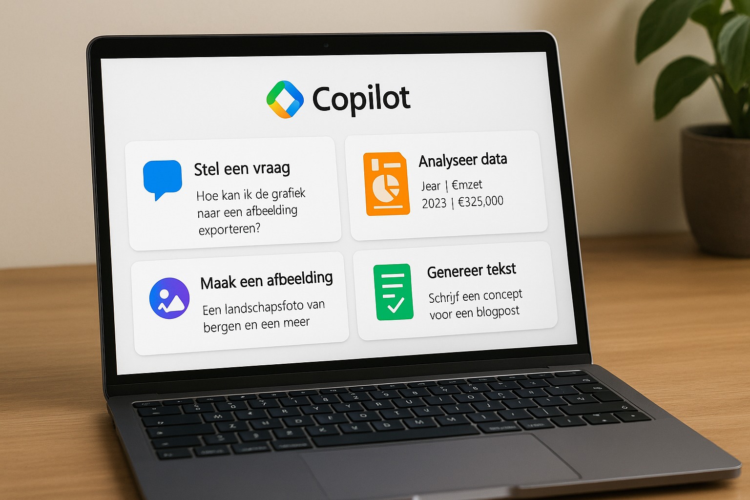 Laptop die wat mogelijkheden van Copilot toont