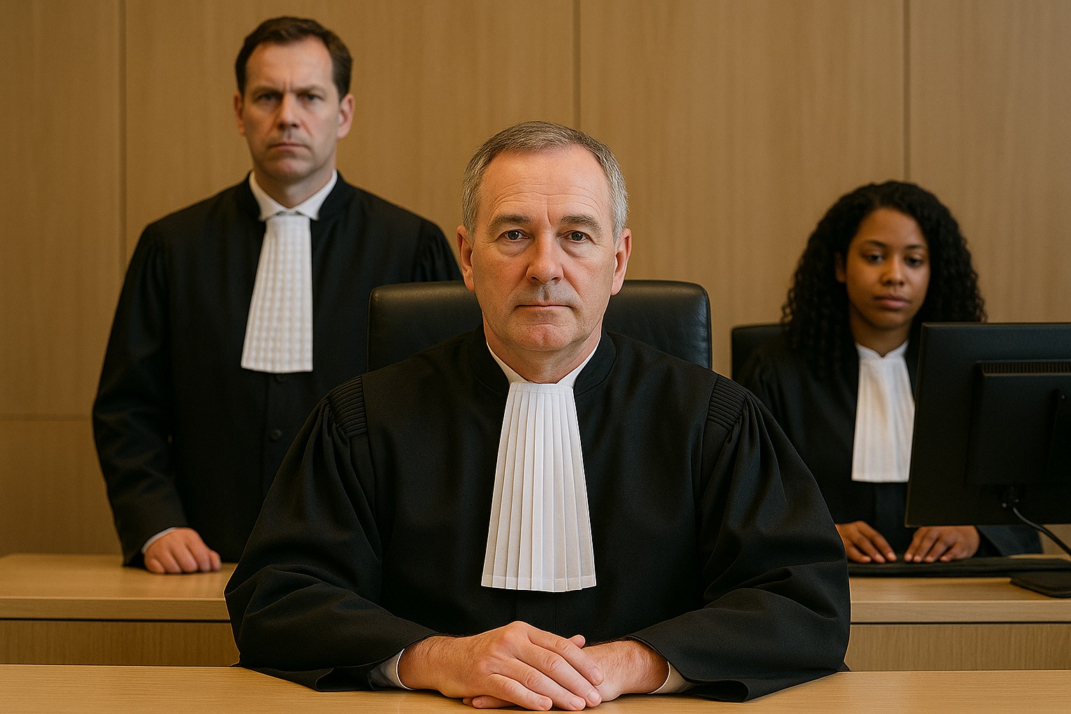 Een door AI gegenereerde foto van een rechter, een officier van justitie en een griffier