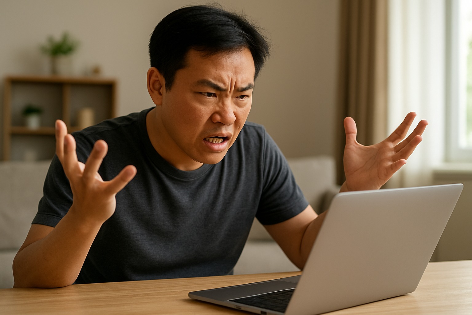 Man boos achter laptop