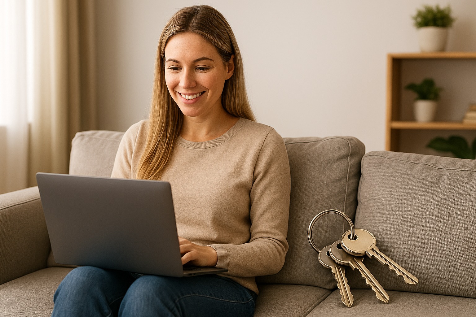 Vrouw op de bank met een laptop op schoot