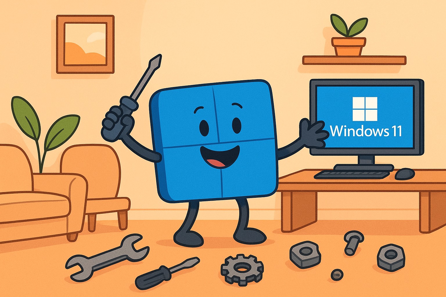 Tekening: mannetje als Windows-logo staat bij computer met schroevendraaier in de hand