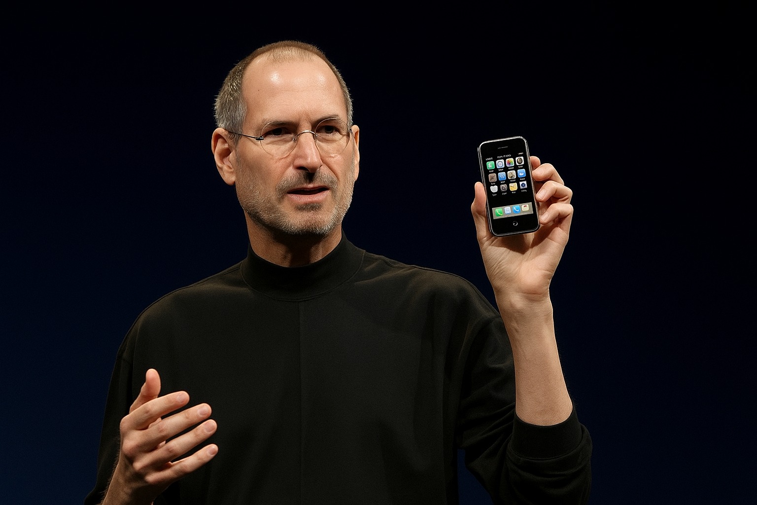 Een door AI gegenereerde foto van Steve Jobs die de iPhone presenteert