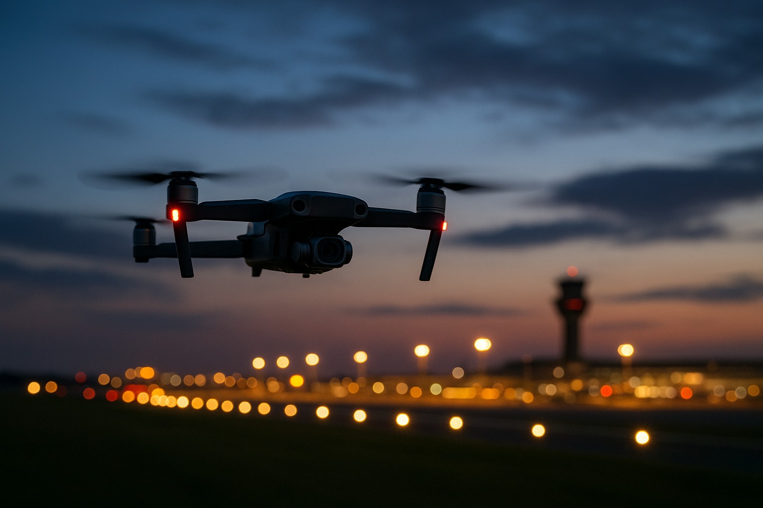 Drone bij vliegveld in de avond (foto door AI gemaakt)