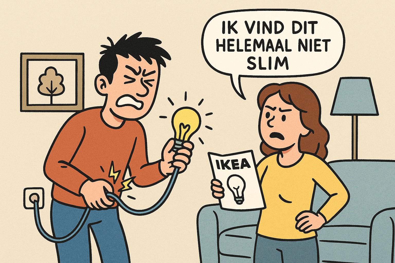 Cartooneske tekening van een man die onder stroom komt te staan van een lamp