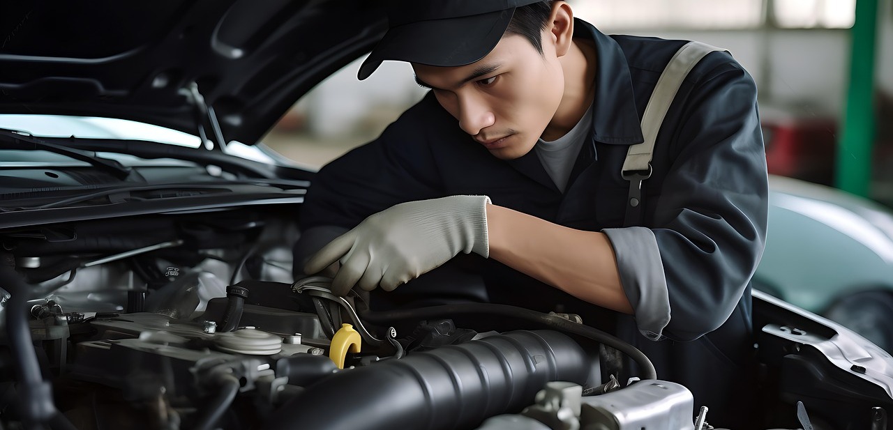 Monteur bij een motor van een auto