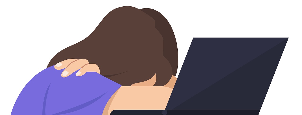 Tekening van kind gebogen over een laptop, het gezicht verbergende