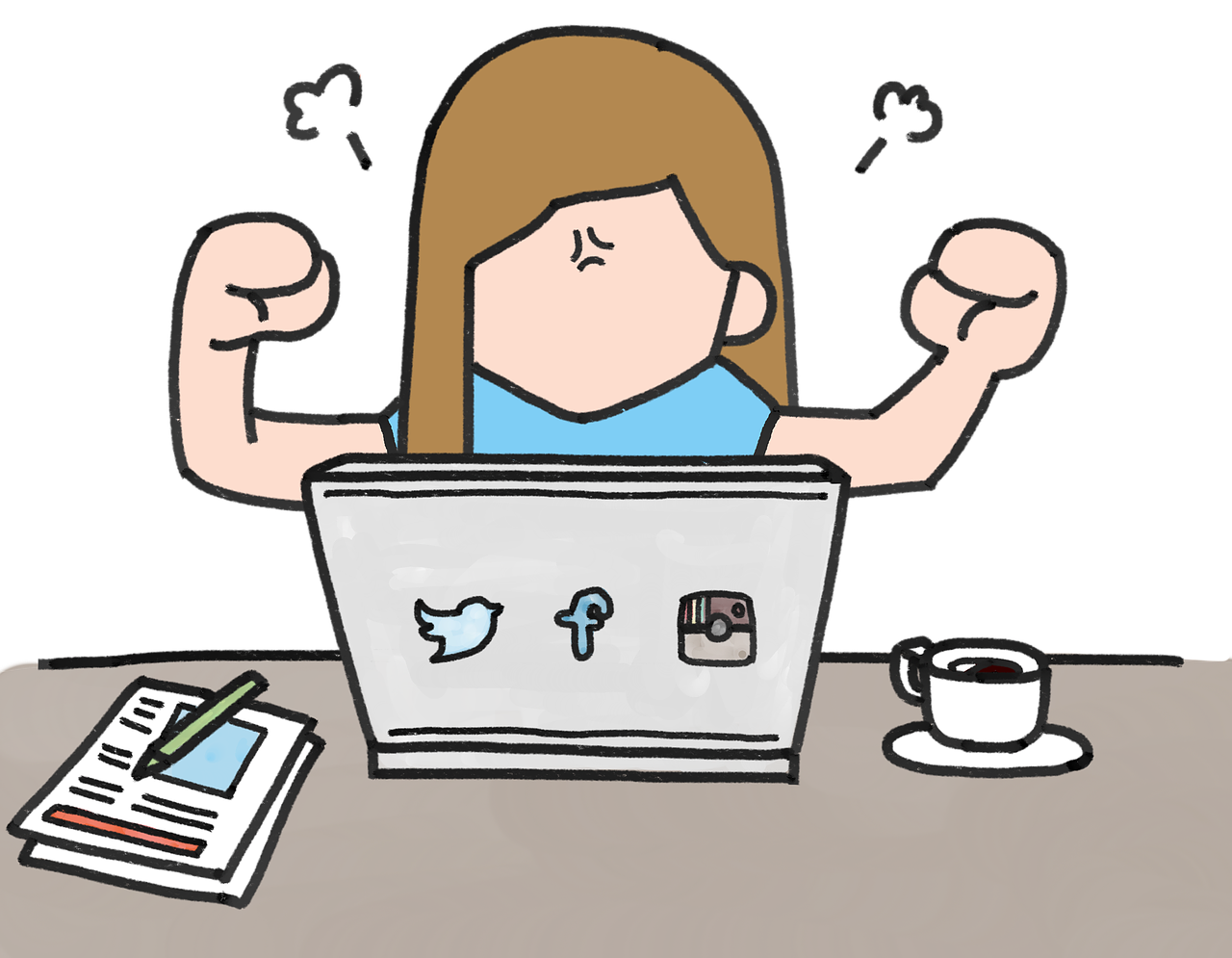 Tekening van boze vrouw achter laptop