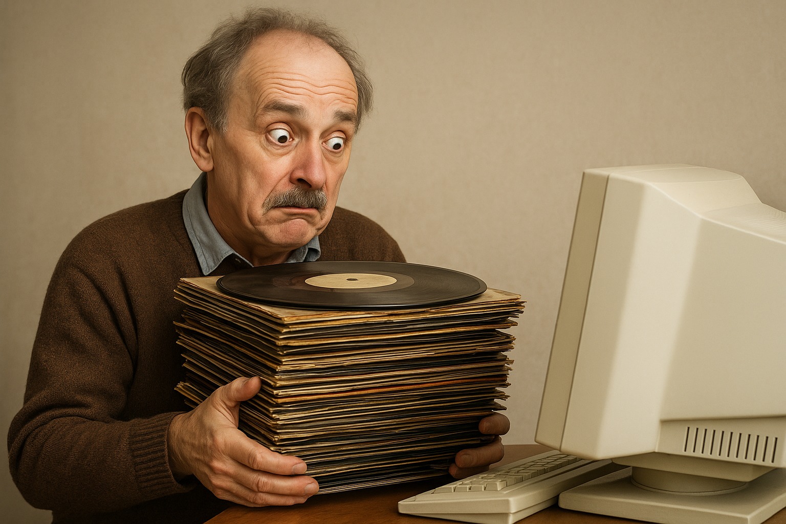Man met stapel oude elpees in zijn handen, kijkend naar een computer