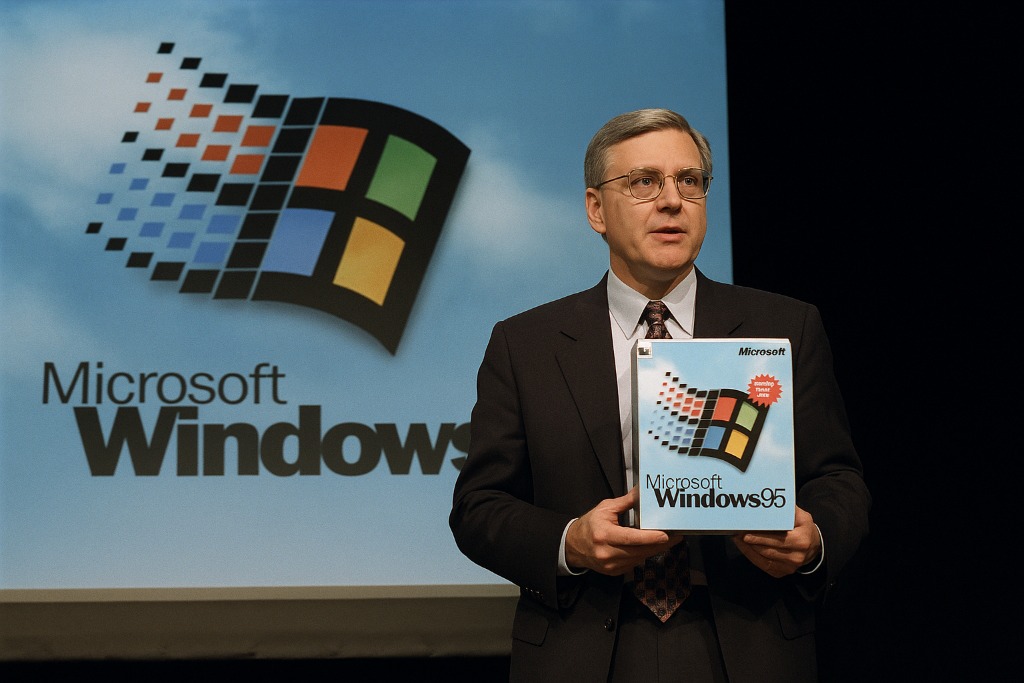 Een door AI gemaakte afbeelding van de presentatie van Windows 95