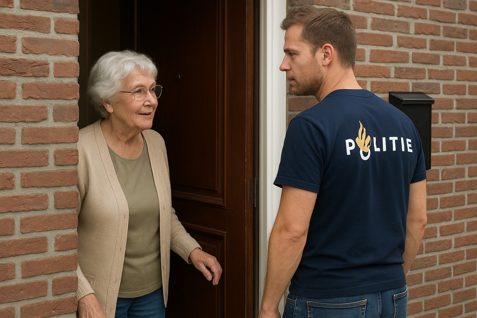 Neagent aan de deur bij oudere vrouw