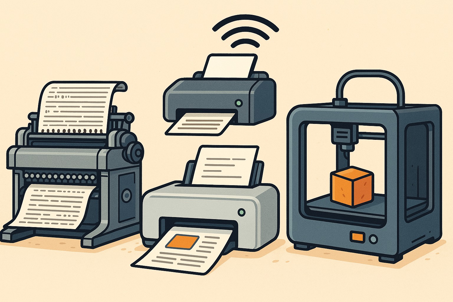 Tekening van diverse soorten printers