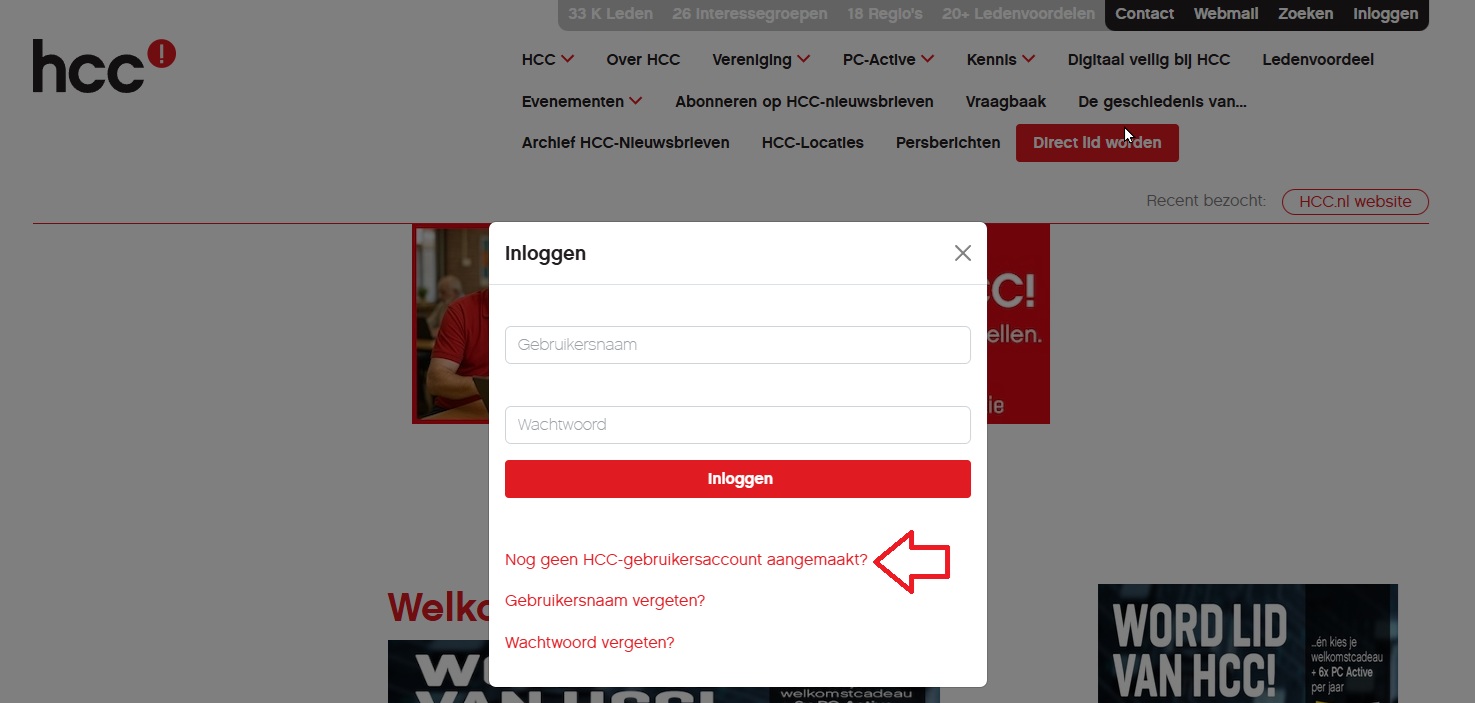 Pop up met link naar aanmaken account pagina