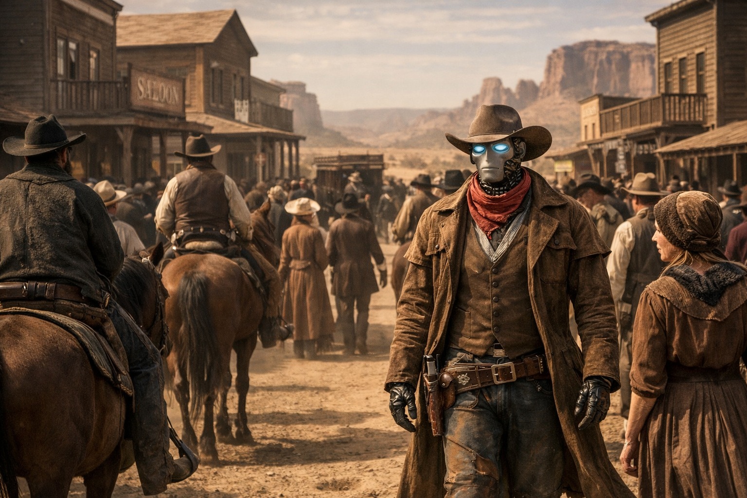 Een humaoïde robot loopt in het Wilde Westen (met AI gegenereerde afbeelding)