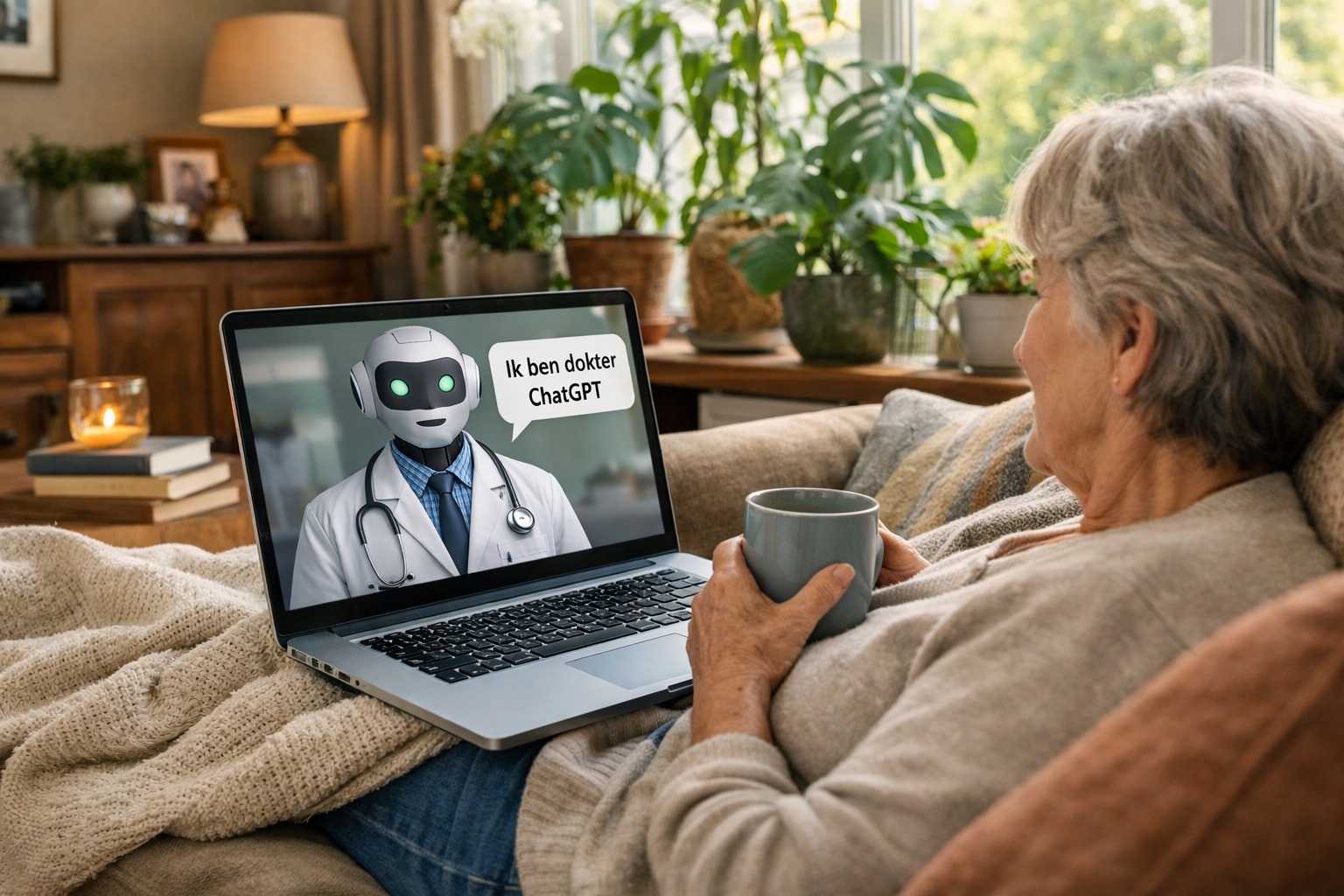Vrouw met laptop op schoot (AI gegenereerd)