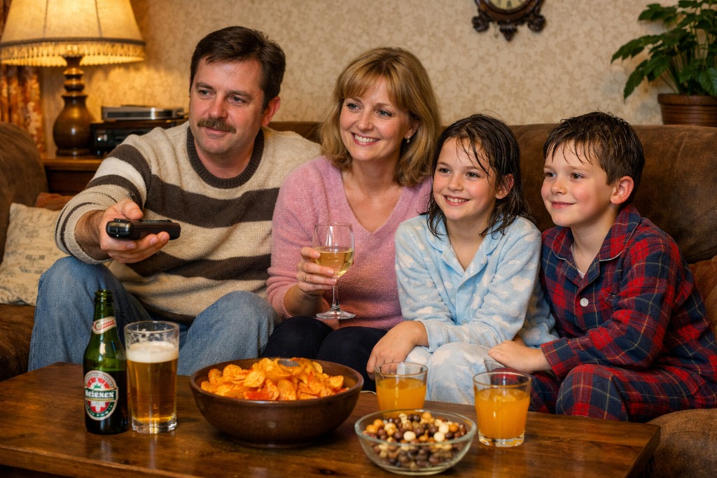 Gezin op bank kijkt tv, vader houdt afstandsbediening vast