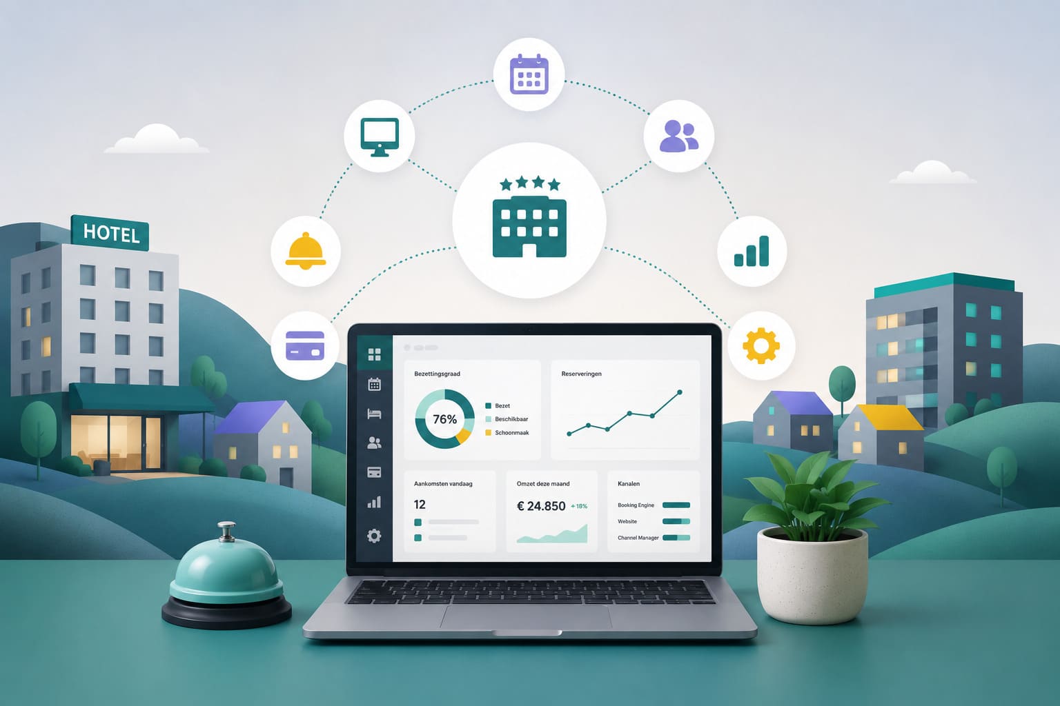 AI-gegenereerde tekeing om hotelsoftware uit te beelden