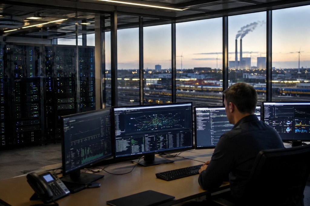 Man in datacenter (afbeelding met AI gegenereerd)