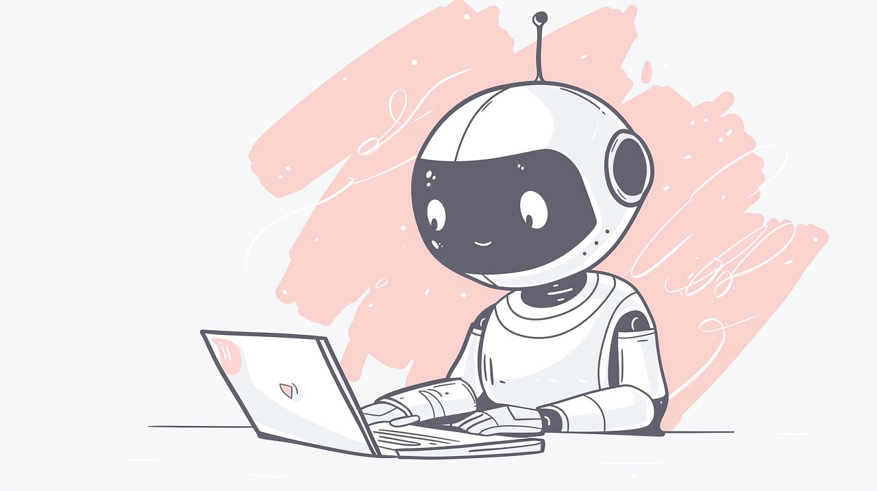 Tekening van robot achter laptop (foto Pixabay)