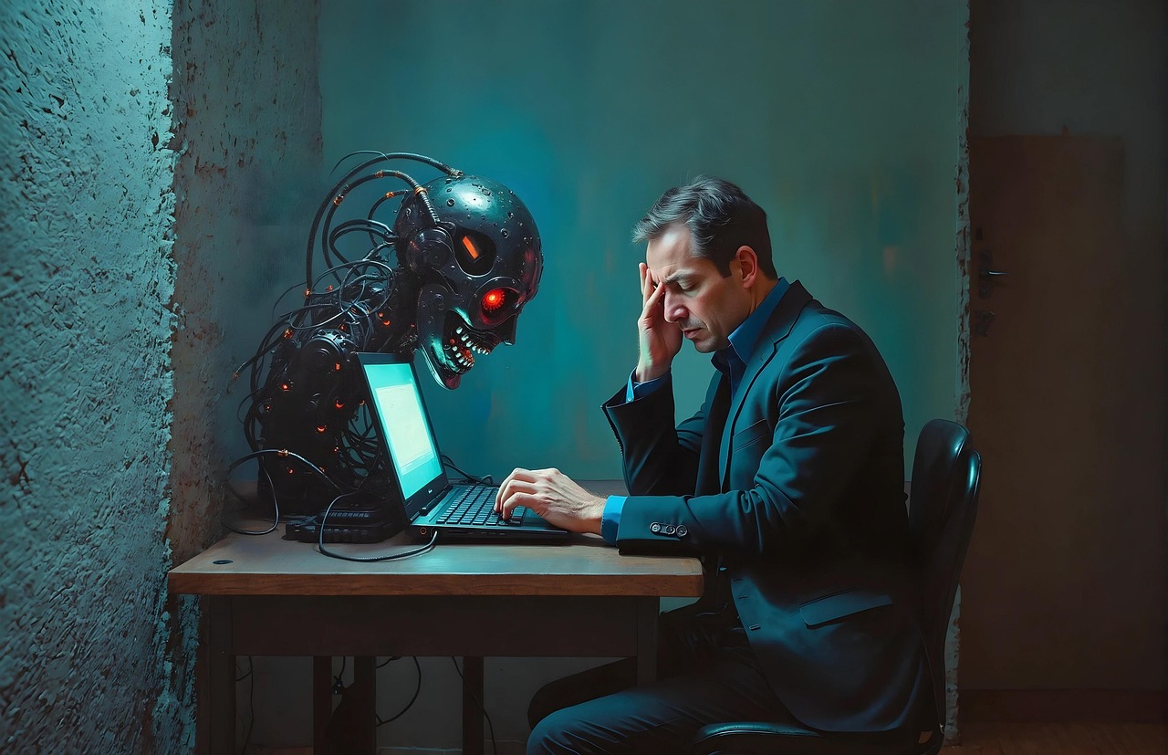 Man achter laptop (foto Pixabay, AI-generated)