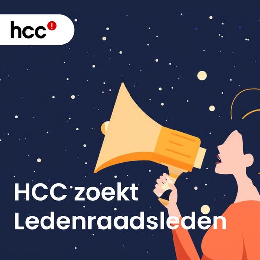 Iemand met grotet toeter met op achtergrond sterrenhemel en tekst HCC ZOEKT LEDENRAAADSLEDEN