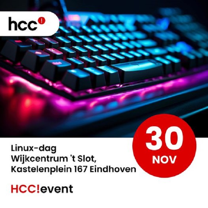 Laptop en tekst voor aankondiging voor de linux dag in Eindhoven op 30 november 2024