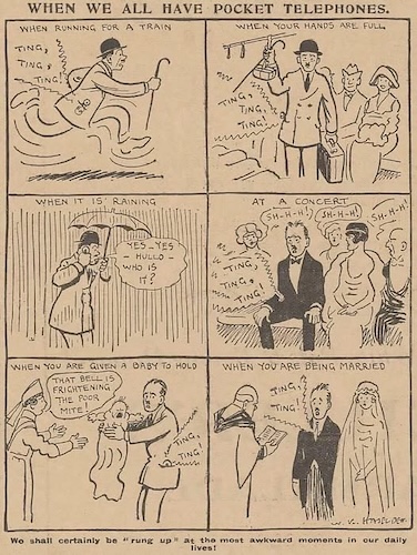 Cartoon uit 1921 met toekomstvoorspelling over ergenissen van mobiele telefoons