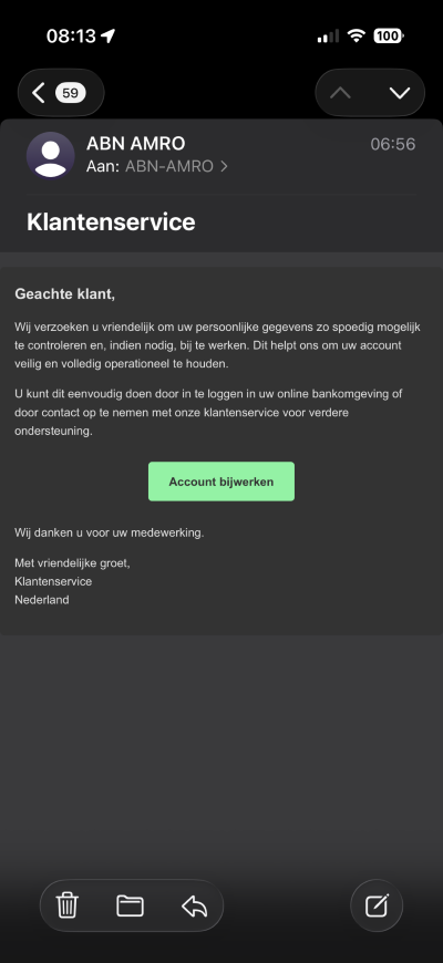 tekst afbeelding ABN AMRO phishing mail