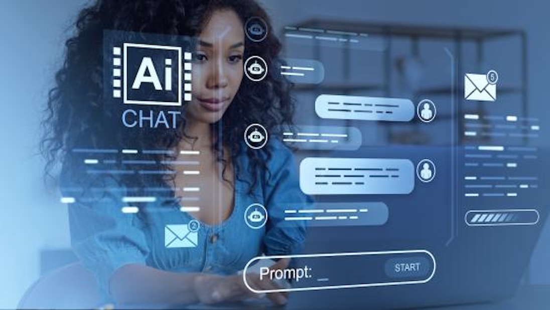 Jonge dame met laptop en diverse AI symbolen in de lucht