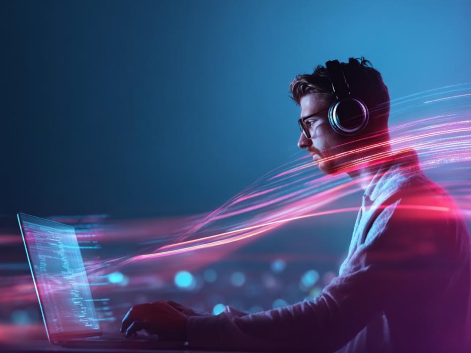 Man met headset bij een laptop