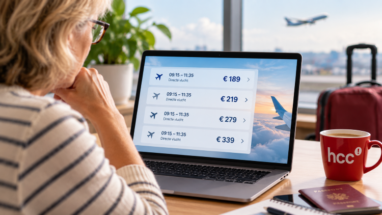 Dame van ongeveer 60 jaar kijkt naar laptopscherm met daarop prijzen van vliegreizen