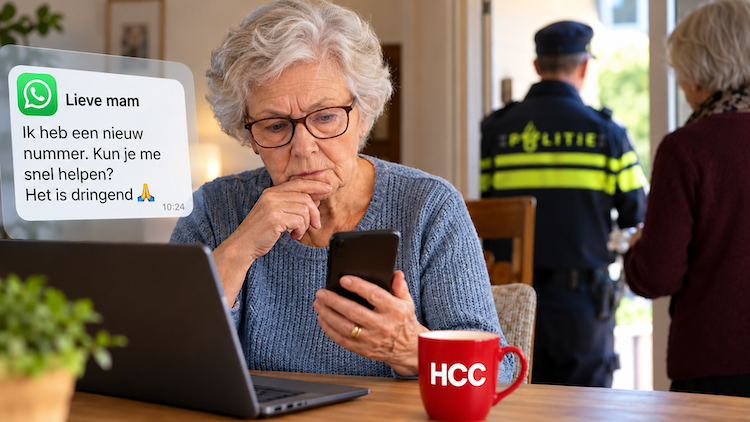Oudere dame die op haar telefoonscherm een nep bericht van een bekende ziet. OP de achtergrond een agent