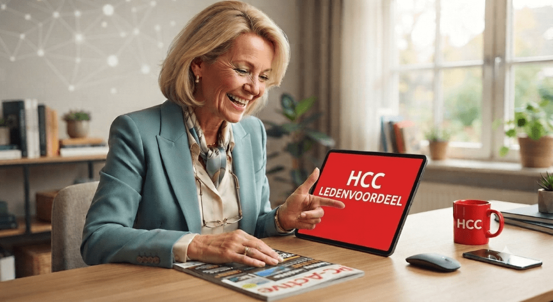 Mooie dame van ongeveer 55 jaar kijkt naar PC-Active op haar bureau en naast haar een tablet met HCC LEDENVOORDEEL